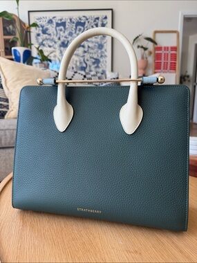 Strathberry Dark Green & Cream Midi Tote with Gold Bar